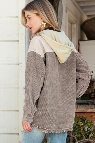 Chaqueta de manga larga Sidefeel con bloques de color y capucha de pana para mujer Abrigo con dobladillo crudo Outwear