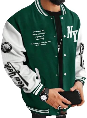 SOLY HUX Chaqueta universitaria para hombre con estampado de letras y bloques de color, chaqueta de béisbol de manga larga, abrigo bomber