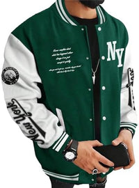 Thumbnail for SOLY HUX Chaqueta universitaria para hombre con estampado de letras y bloques de color, chaqueta de béisbol de manga larga, abrigo bomber