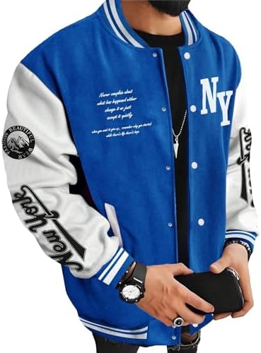 SOLY HUX Chaqueta universitaria para hombre con estampado de letras y bloques de color, chaqueta de béisbol de manga larga, abrigo bomber