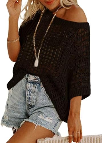Dokotoo - Suéter de manga corta con cuello redondo para mujer, informal, de ganchillo, con agujeros, de punto, para playa