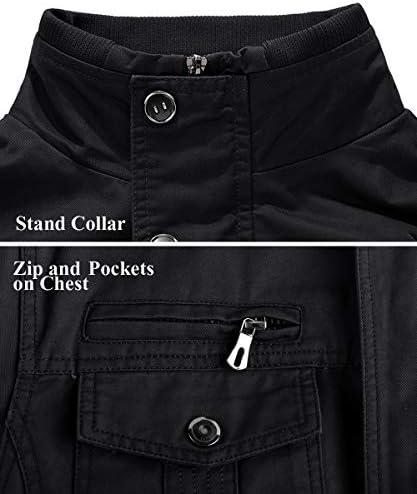 EKLENTSON Chaquetas militares de algodón ligero con múltiples bolsillos con cremallera frontal y cuello alto para hombre