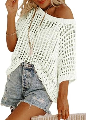Dokotoo - Suéter de manga corta con cuello redondo para mujer, informal, de ganchillo, con agujeros, de punto, para playa