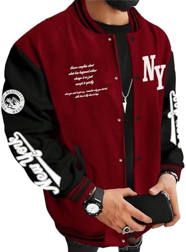 SOLY HUX Chaqueta universitaria para hombre con estampado de letras y bloques de color, chaqueta de béisbol de manga larga, abrigo bomber