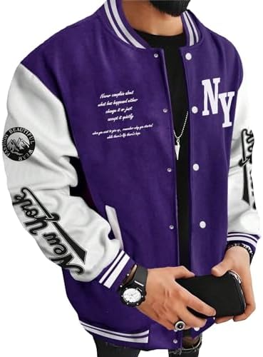 SOLY HUX Chaqueta universitaria para hombre con estampado de letras y bloques de color, chaqueta de béisbol de manga larga, abrigo bomber
