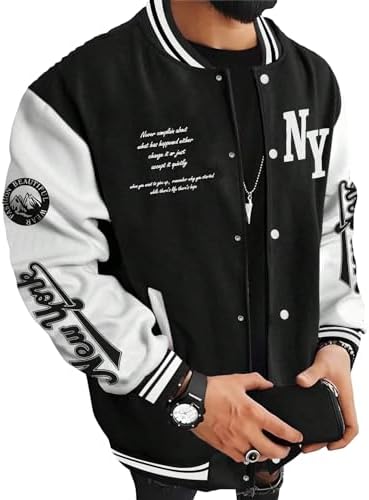 SOLY HUX Chaqueta universitaria para hombre con estampado de letras y bloques de color, chaqueta de béisbol de manga larga, abrigo bomber