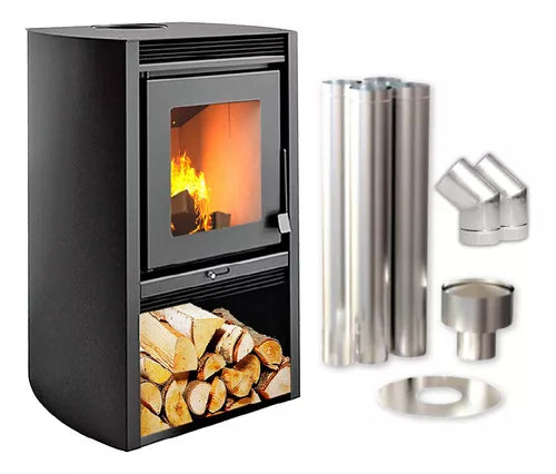 Estufa Calefactor A Leña De Alto Rendimiento Metávila 680gf - Hasta 52m2 - Con Kit De Caños Para Pared, Sistema De Doble Combustión, Ecológico Y Seguro - Color Grafito