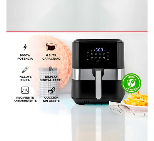 Freidora Sin Aceite GADNIC Digital 1000W 6.5 LITROS Control Táctil + Pinza + Set de Cocina 6 Piezas Fibra de Trigo